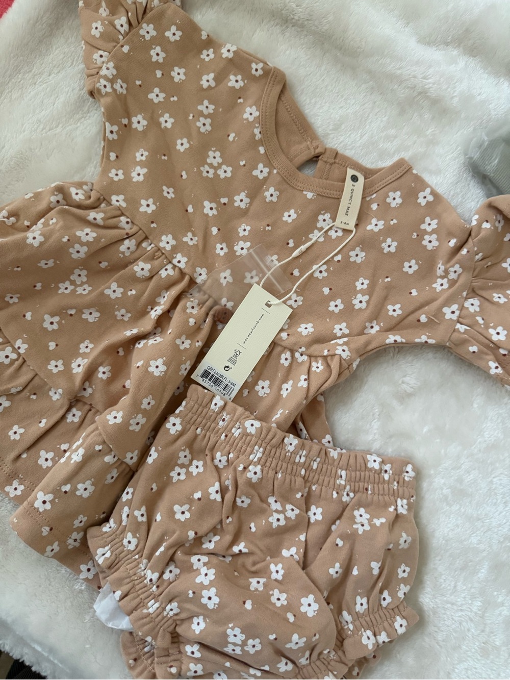 Quincy Mae Tan Floral Dress and Bloomers Set
